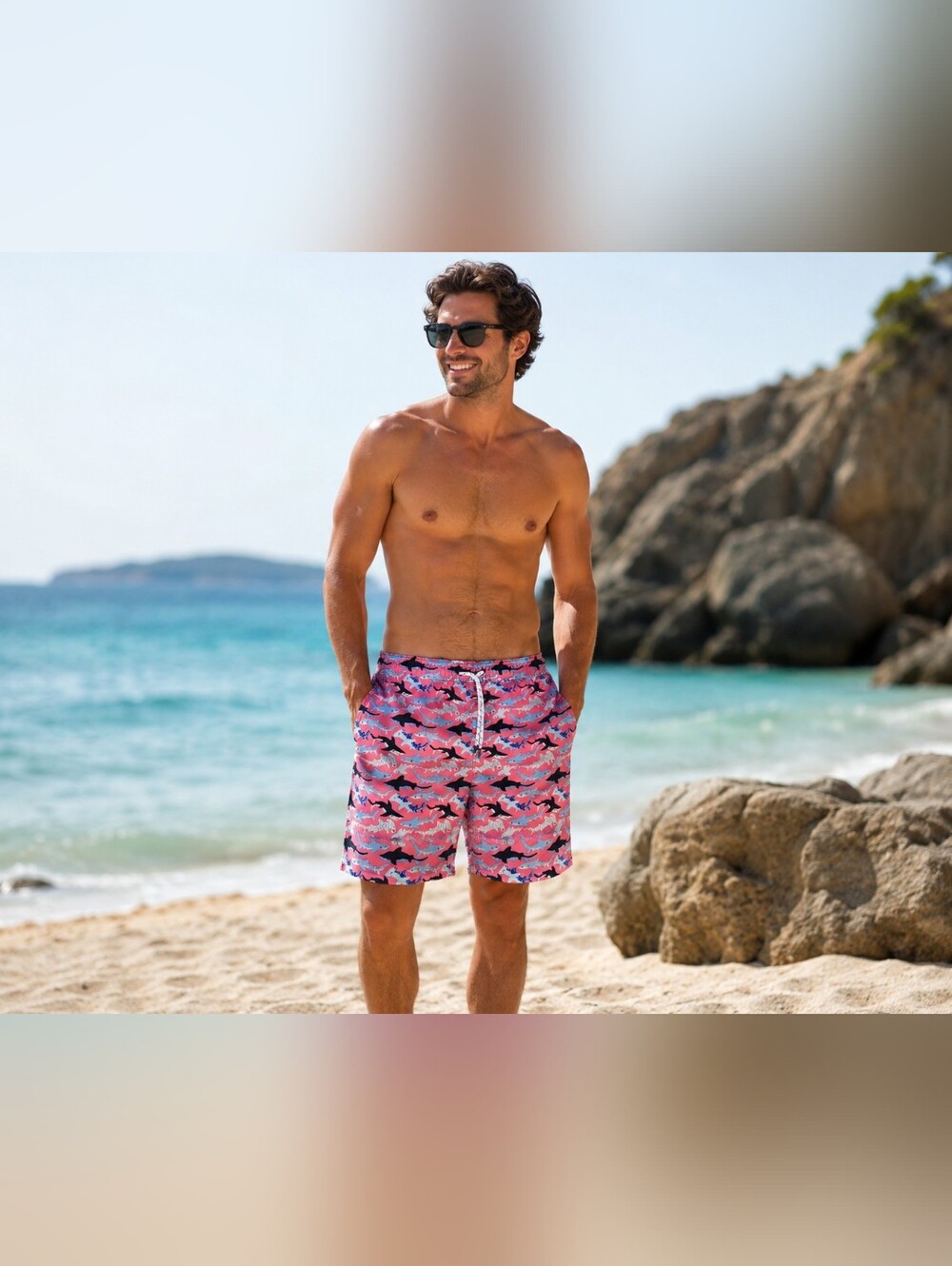 Men's Resort Swim Trunks Pink Shark Print Size Small Lined Beach Swim Shorts